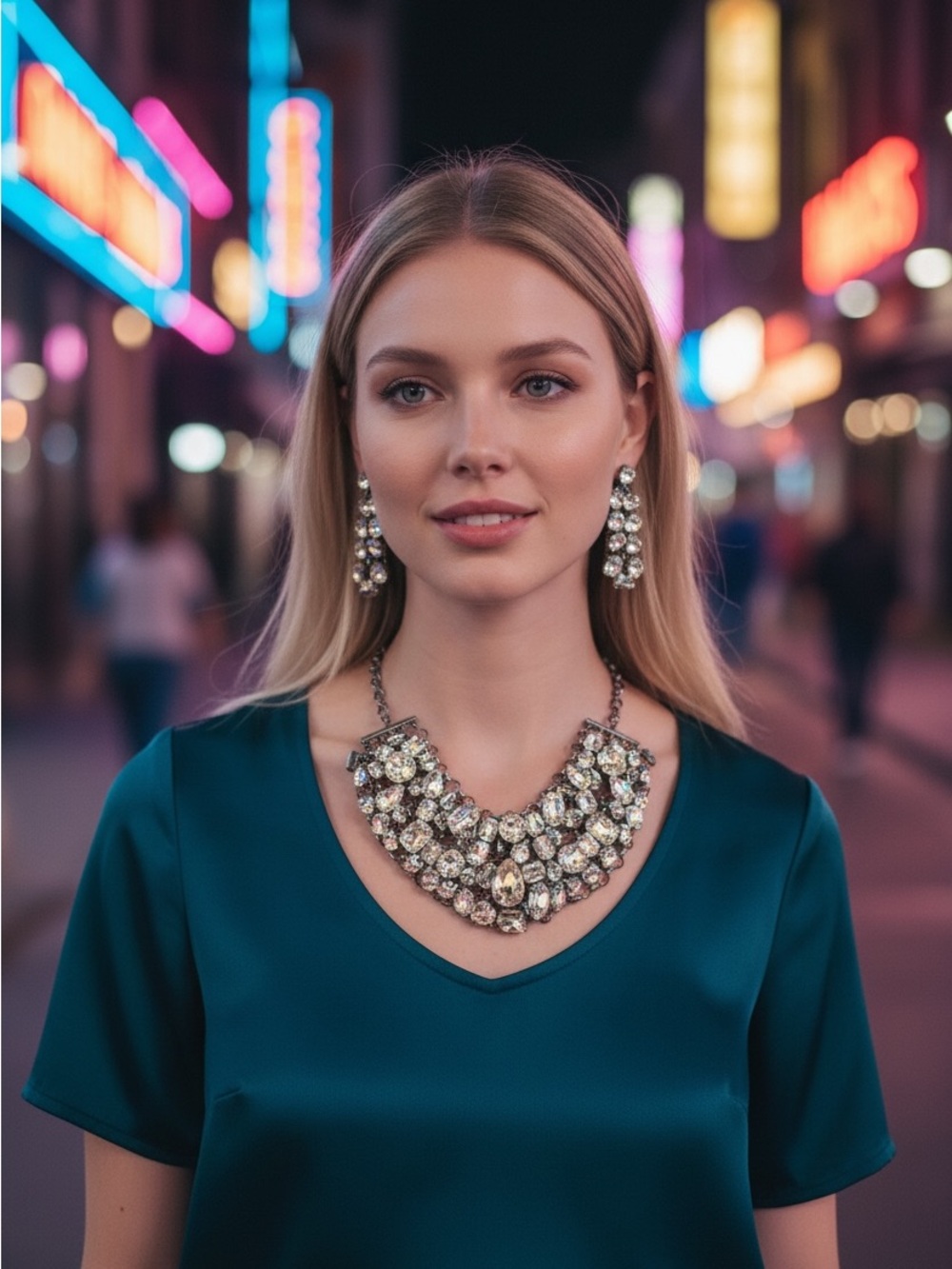 NWT Womens Formal Crystal Statement Necklace 10.5” and Earrings 3” Set